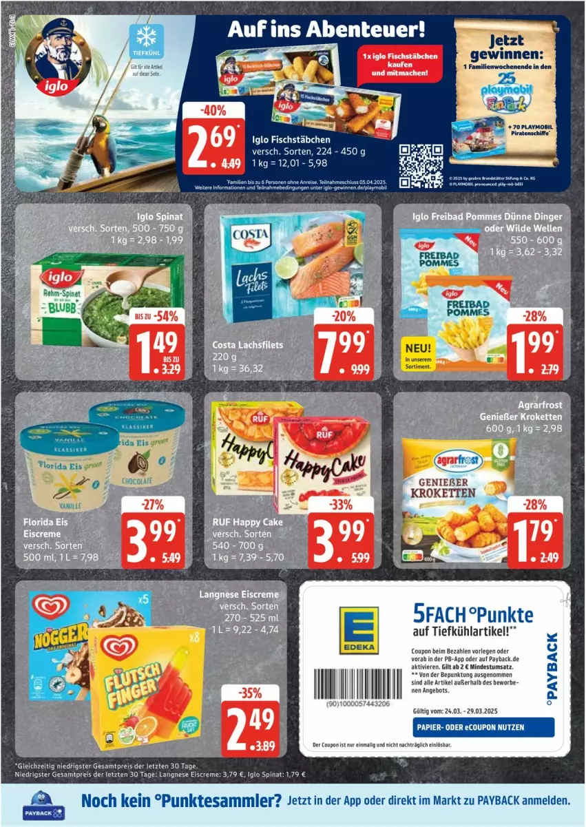 Aktueller Prospekt Edeka - Prospekte - von 24.03 bis 29.03.2025 - strona 12 - produkty: angebot, coupon, creme, deka, eis, eiscreme, fisch, fischstäbchen, iglo, Kette, Kroketten, langnese, langnese eis, papier, payback, rahm-spinat, reis, spinat, tesa, Ti, vanille, Yo, ZTE