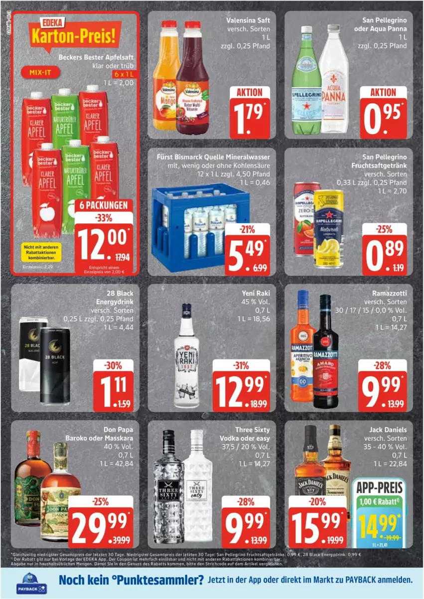 Aktueller Prospekt Edeka - Prospekte - von 24.03 bis 29.03.2025 - strona 18 - produkty: Alwa, bismarck, elle, jack daniel, jack daniels, mineralwasser, payback, rama, ramazzott, ramazzotti, saft, san pellegrino, tesa, Three Sixty, Ti, valensina, vodka, wasser, zott