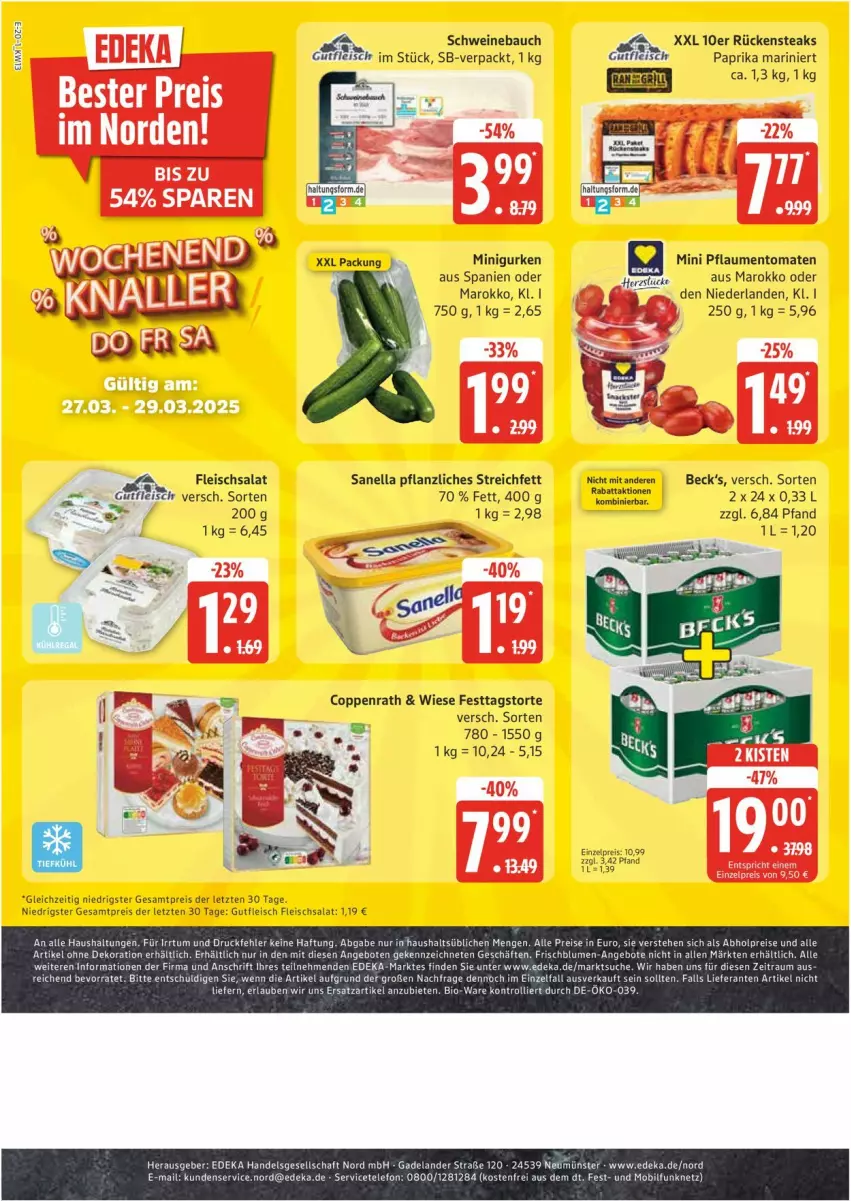 Aktueller Prospekt Edeka - Prospekte - von 24.03 bis 29.03.2025 - strona 20 - produkty: abholpreise, alle artikel ohne dekoration, angebot, angebote, Bau, bio, blume, blumen, coppenrath, deka, dekoration, eis, Elan, fleisch, fleischsalat, gurke, gurken, gutfleisch, paprika, pflaume, pflaumen, reis, Rückensteak, rückensteaks, salat, schwein, schweine, Schweinebauch, steak, steaks, telefon, Ti, tomate, tomaten, torte, trolli, wein, weine, ZTE