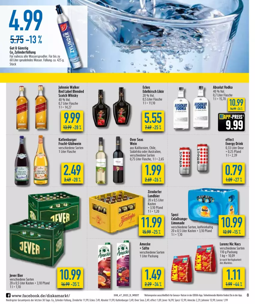 Aktueller Prospekt Diska - Prospekte - von 13.11 bis 18.11.2023 - strona 8 - produkty: Absolut Vodka, aktionspreis, amecke, aust, bier, burger, cola, deka, drink, Effect, eis, energy drink, flasche, frucht, Glühwein, jever, johnnie walker, katlenburger, kirsch, likör, limo, limonade, lorenz, nuss, reis, säfte, scotch, scotch whisky, Spezi, Sprudel, Ti, vodka, wasser, wassersprudler, wein, whisky, ZTE