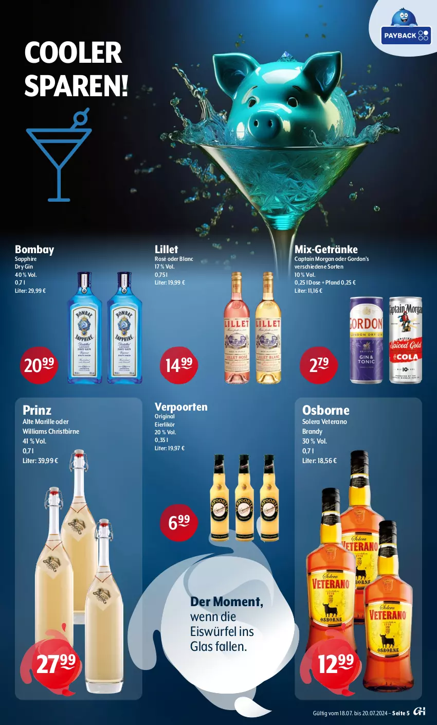 Aktueller Prospekt Getraenke Hoffmann - Prospekte - von 18.07 bis 20.07.2024 - strona 5 - produkty: bombay sapphire, Cap, captain morgan, dry gin, eier, eierlikör, eis, eiswürfel, getränk, getränke, gin, gordon, Gordon’s, likör, lillet, osborne, sapphire, Ti, verpoorten, veterano, würfel