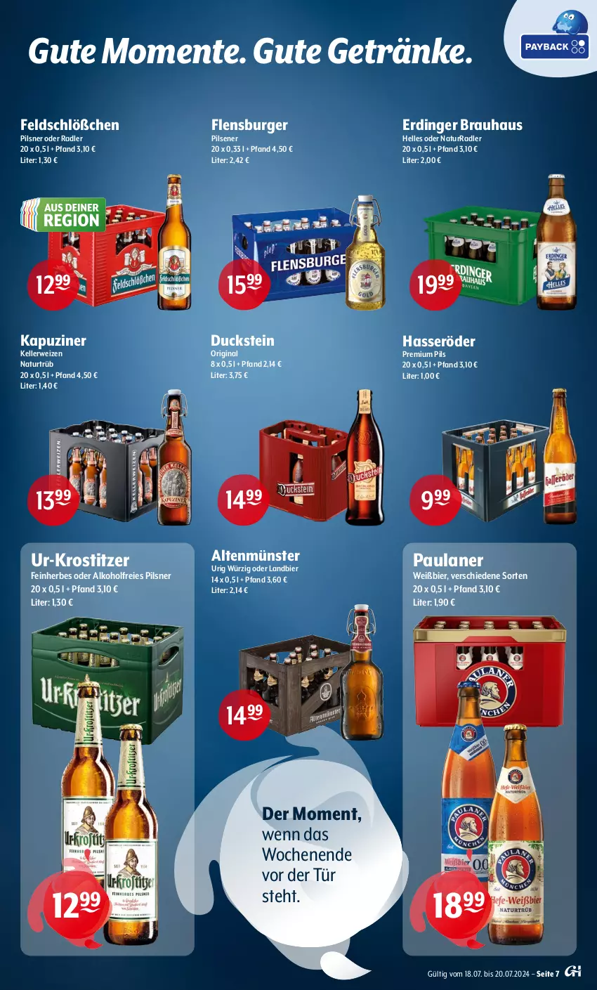 Aktueller Prospekt Getraenke Hoffmann - Prospekte - von 18.07 bis 20.07.2024 - strona 7 - produkty: alkohol, Altenmünster, bier, burger, Duck, elle, ente, erdinger, flensburger, getränk, getränke, gin, hasseröder, natur, oder radler, Paula, paulaner, pils, pilsener, pilsner, premium pils, radler, rwe, Ti