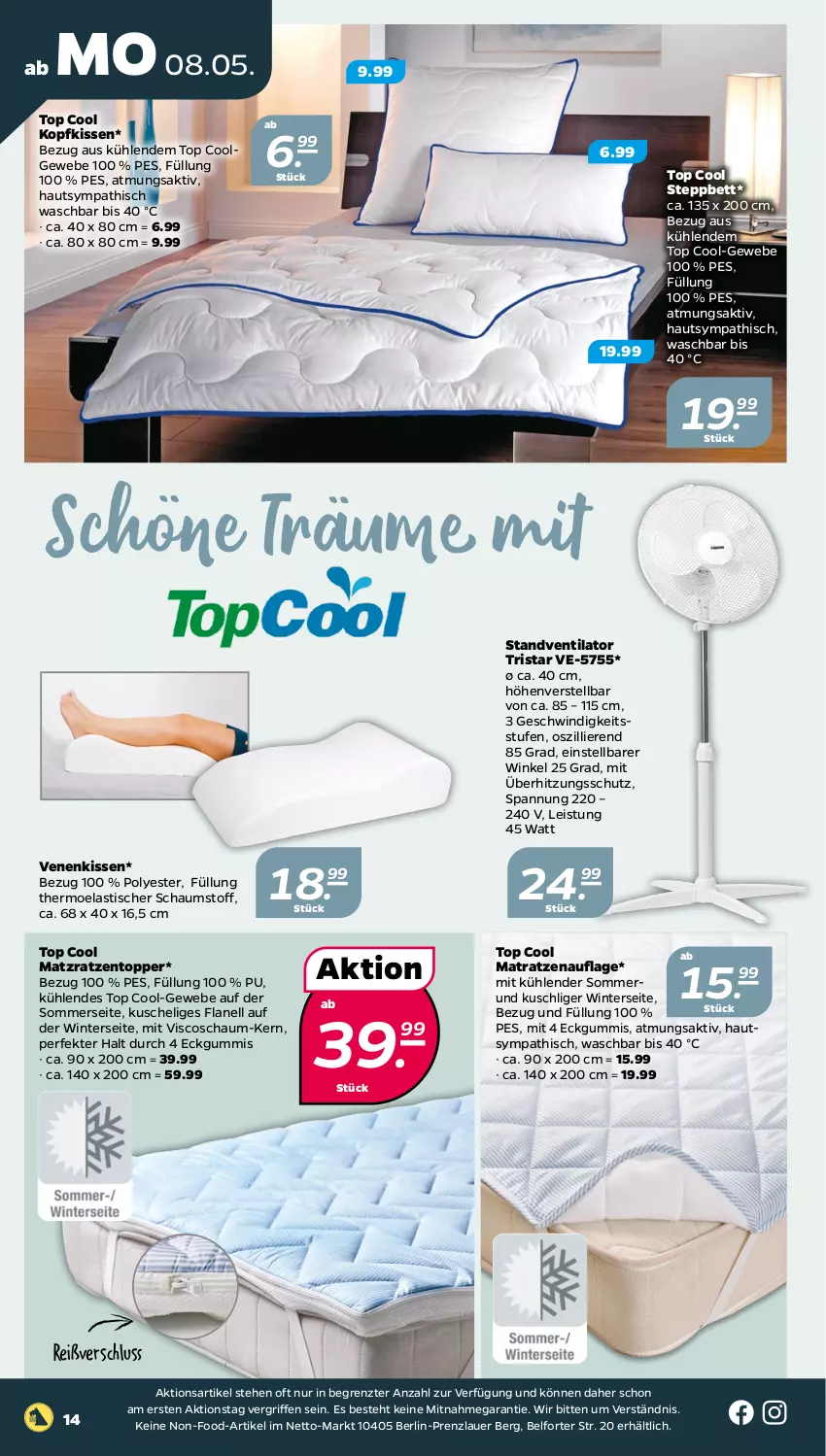 Aktueller Prospekt Netto - Woche 19 - von 08.05 bis 13.05.2023 - strona 14 - produkty: asti, auer, bett, eis, kissen, kopfkissen, LG, matratze, matratzen, matratzenauflage, standventilator, steppbett, Ti, tisch, topper, tristar, überhitzungsschutz, ventilator, ZTE