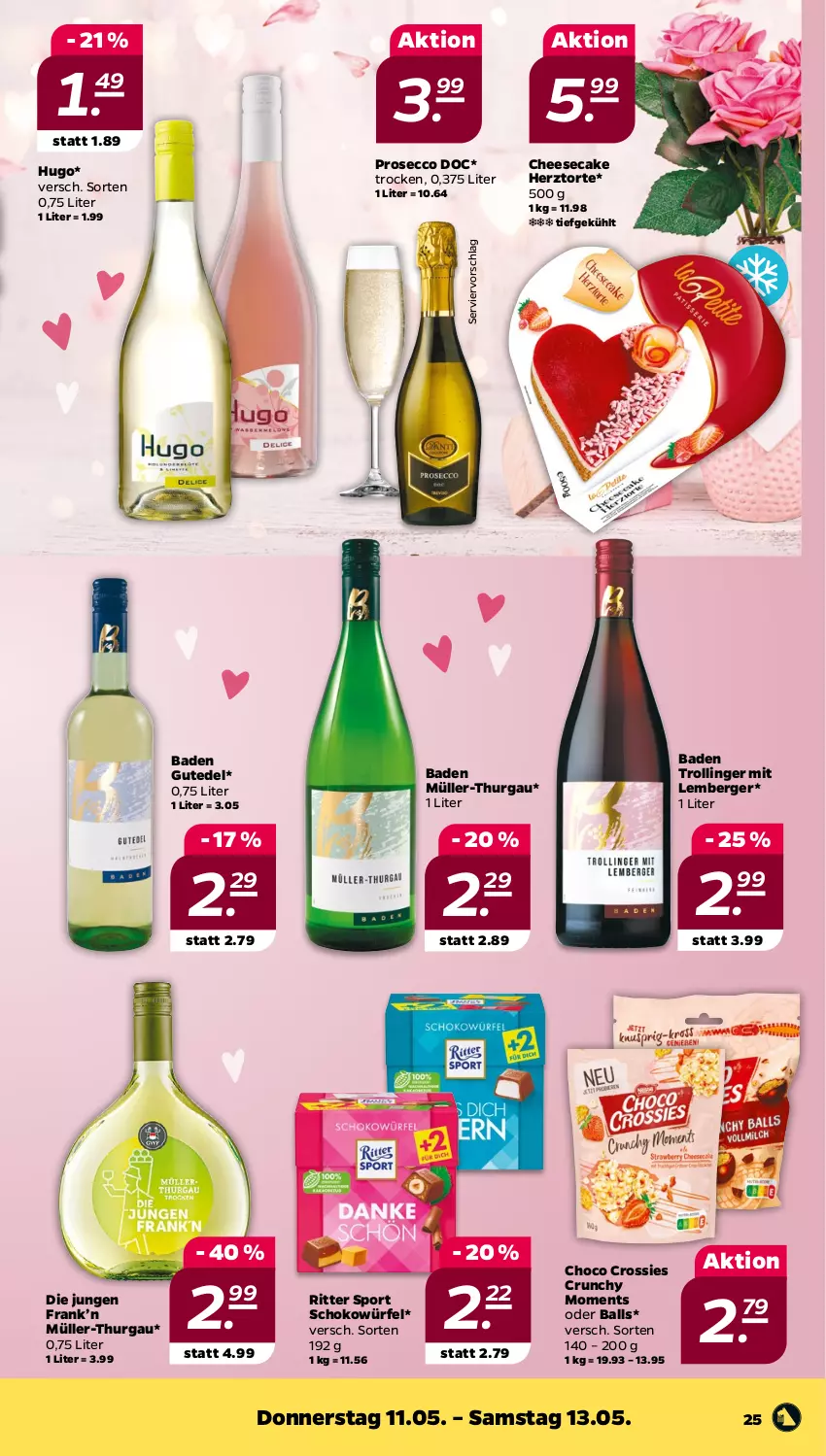 Aktueller Prospekt Netto - Woche 19 - von 08.05 bis 13.05.2023 - strona 25 - produkty: Bad, ball, Berger, cheesecake, choco crossies, crossies, ecco, hugo, Müller, Müller-Thurgau, prosecco, ritter, ritter sport, schoko, schokowürfel, Sport, Ti, torte, trolli, trollinger, würfel