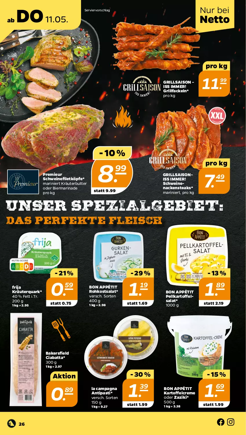 Aktueller Prospekt Netto - Woche 19 - von 08.05 bis 13.05.2023 - strona 26 - produkty: antipasti, asti, bier, butter, ciabatta, creme, eis, filet, fleisch, grill, grillfackeln, kartoffel, kartoffelsalat, kräuter, kräuterbutter, LG, marinade, Nackensteak, nackensteaks, quark, salat, schwein, schweine, schweinefilet, schweinenacken, Spezi, steak, steaks, Ti, wein, weine, zaziki