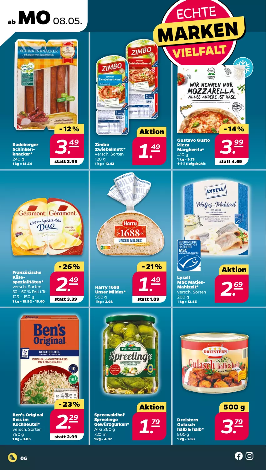 Aktueller Prospekt Netto - Woche 19 - von 08.05 bis 13.05.2023 - strona 6 - produkty: Ben’s Original, Berger, beutel, dreistern, eis, gewürz, Gewürzgurke, gewürzgurken, gin, gulasch, gurke, gurken, Käse, knacker, kochbeutel, lysell, margherita, matjes, Mett, pizza, radeberger, reis, schinken, Spezi, spreewaldhof, Ti, zimbo, zwiebel