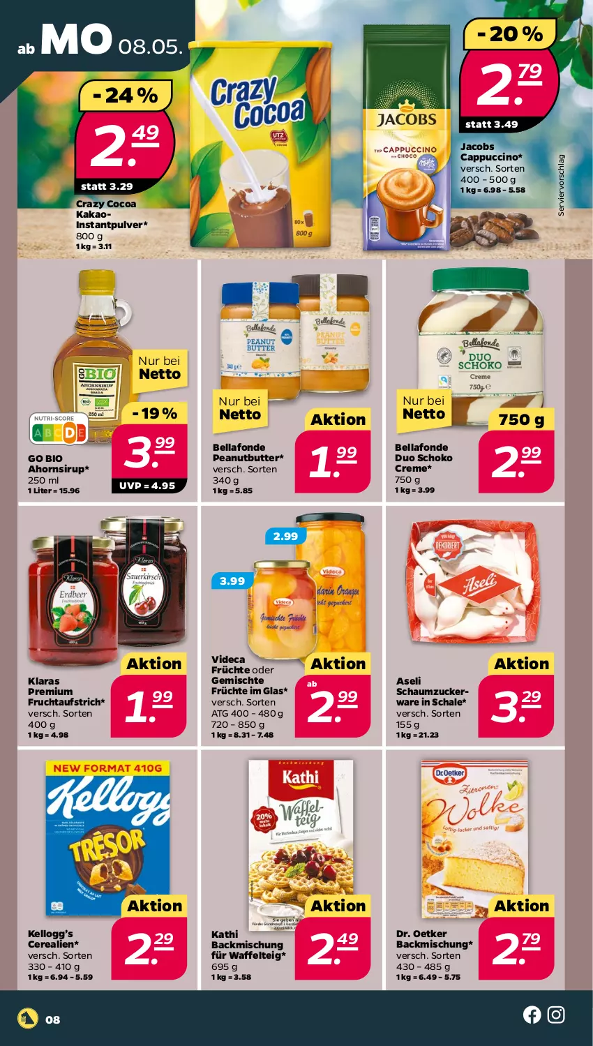 Aktueller Prospekt Netto - Woche 19 - von 08.05 bis 13.05.2023 - strona 8 - produkty: aufstrich, backmischung, bio, butter, Cap, cappuccino, cerealien, cin, creme, Dr. Oetker, frucht, fruchtaufstrich, früchte, jacobs, kakao, Schal, Schale, Schaumzucker, schoko, sirup, Ti, zucker