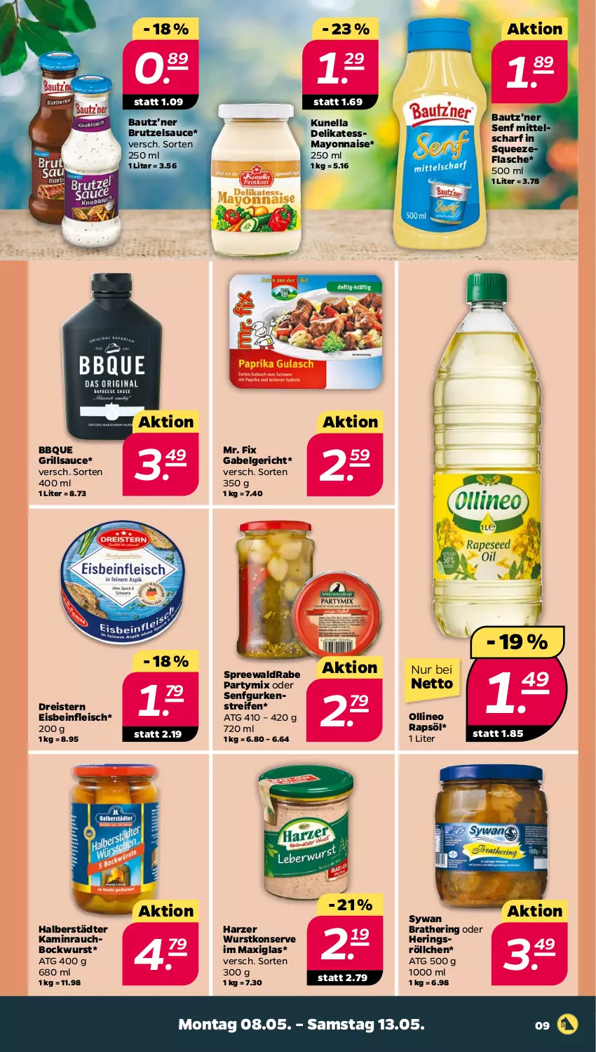 Aktueller Prospekt Netto - Woche 19 - von 08.05 bis 13.05.2023 - strona 9 - produkty: Bau, bockwurst, brut, dreistern, eis, flasche, fleisch, gabel, grill, grillsauce, gurke, gurken, hering, Herings, Kamin, LG, mayonnaise, rapsöl, Rauch, reifen, reis, ring, sauce, senf, Ti, wurst, Yo