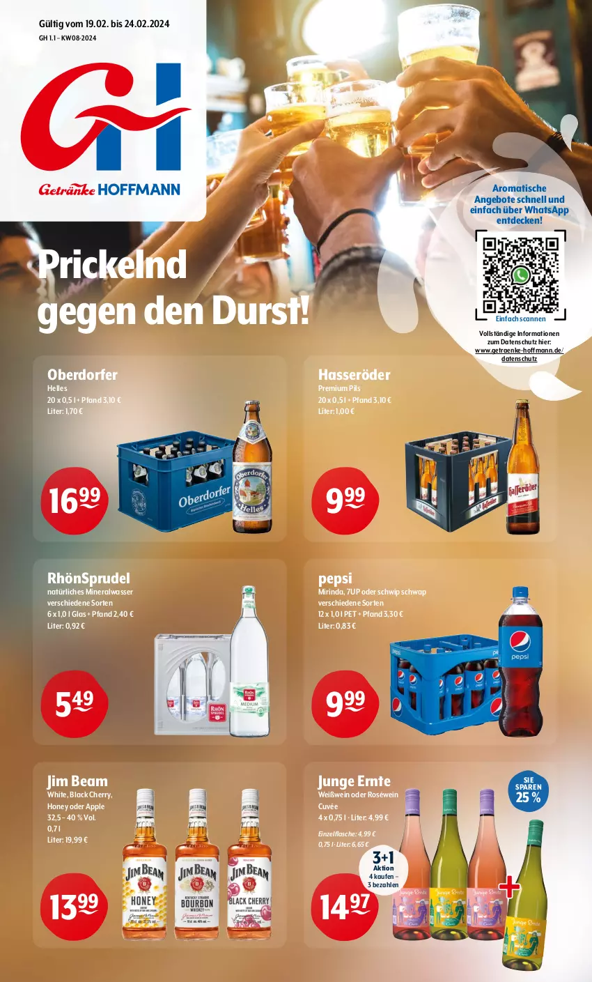 Aktueller Prospekt Getraenke Hoffmann - Prospekte - von 19.02 bis 24.02.2024 - strona 1 - produkty: 7UP, Alwa, angebot, angebote, Apple, cuvée, decke, elle, flasche, hasseröder, jim beam, lack, mineralwasser, Mirinda, natürliches mineralwasser, pepsi, pils, premium pils, RhönSprudel, rind, roséwein, Schwip Schwap, Sprudel, Ti, tisch, wasser, wein, Weißwein