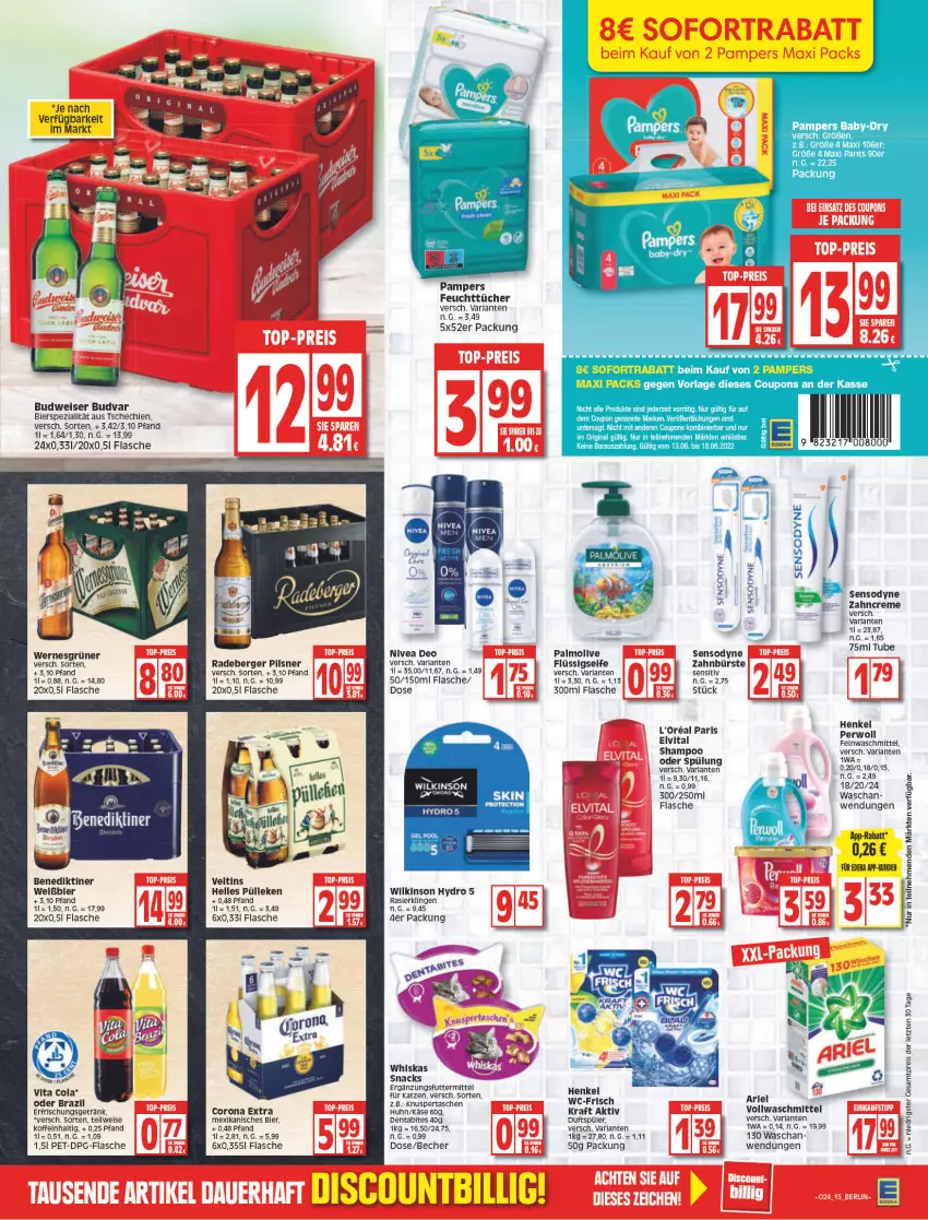 Aktueller Prospekt Edeka - Angebote der Woche - von 13.06 bis 18.06.2022 - strona 15 - produkty: ariel, baby-dry, Becher, Benediktiner, Berger, bier, bites, budweiser, bürste, cola, corona, corona extra, coupon, coupons, creme, deka, deo, eis, elle, elvital, erfrischungsgetränk, feinwaschmittel, feuchttücher, flasche, flüssigseife, getränk, gin, henkel, Käse, kraft, l'oreal, nivea, olive, palmolive, pampers, Pants, pils, pilsner, radeberger, radeberger pilsner, Rasierklinge, rasierklingen, reis, Ria, Seife, sensodyne, shampoo, snack, snacks, sofortrabatt, Spezi, spülung, Tasche, taschen, tee, Ti, tücher, veltins, vita, Vita C, vollwaschmittel, waschmittel, whiskas, wilkinson, zahnbürste, zahncreme, ZTE