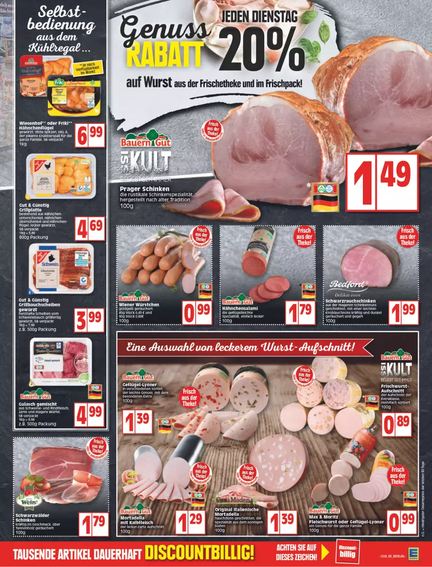 Aktueller Prospekt Edeka - Angebote der Woche - von 13.06 bis 18.06.2022 - strona 5 - produkty: aufschnitt, Bau, bauchscheiben, dell, eis, elle, fleisch, fleischwurst, Geflügel, gewürz, gin, grill, Grillbauch, grillplatte, gulasch, hähnchenflügel, henkel, Holz, knoblauch, latte, lyoner, mac, mortadella, nuss, Rauch, reis, rind, rindfleisch, salami, schenkel, schinken, schnitten, schwein, schweine, Schweinebauch, Spezi, tee, Ti, wein, weine, wiesenhof, würfel, wurst, Yo, ZTE