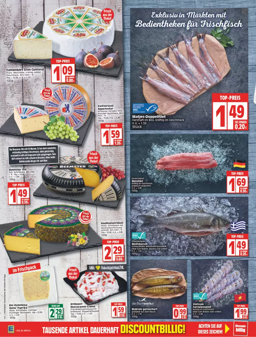 Aktueller Prospekt Edeka - Angebote der Woche - von 13.06 bis 18.06.2022 - strona 6 - produkty: appenzeller, Beemster, bio, blume, blumen, braten, camembert, creme, eis, elle, fisch, frischkäse, frischkäsezubereitung, frucht, grill, hartkäse, Heu, ideal zum braten, Käse, kirsch, kirsche, kirschen, mac, Makrele, mascarpone, nuss, paprika, Rauch, rebell, reis, rel, schnittkäse, schweizer hartkäse, Spezi, tee, Ti, tisch, top-preis, weichkäse, wolfsbarsch, ZTE