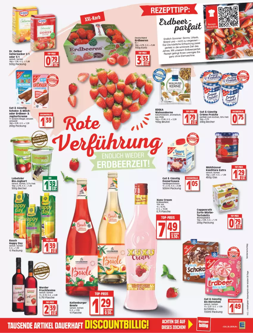 Aktueller Prospekt Edeka - Angebote der Woche - von 13.06 bis 18.06.2022 - strona 9 - produkty: Becher, beere, beeren, beutel, bio, bio-joghurt, bowle, burger, coppenrath, creme, dessert, desserts, dessertsauce, Dr. Oetker, eis, eismaschine, elle, erdbeere, erdbeeren, flasche, frucht, Happy Day, hörnchen, joghur, joghurt, katlenburger, konfitüre, konfitüre extra, korb, likör, mac, milch, mühlhäuser, natur, nuss, Rauch, reis, rezept, riegel, rum, sauce, schoko, Ti, tisch, torte, vanille, walnuss, walnusskerne, wein, weine, ZTE, zucker