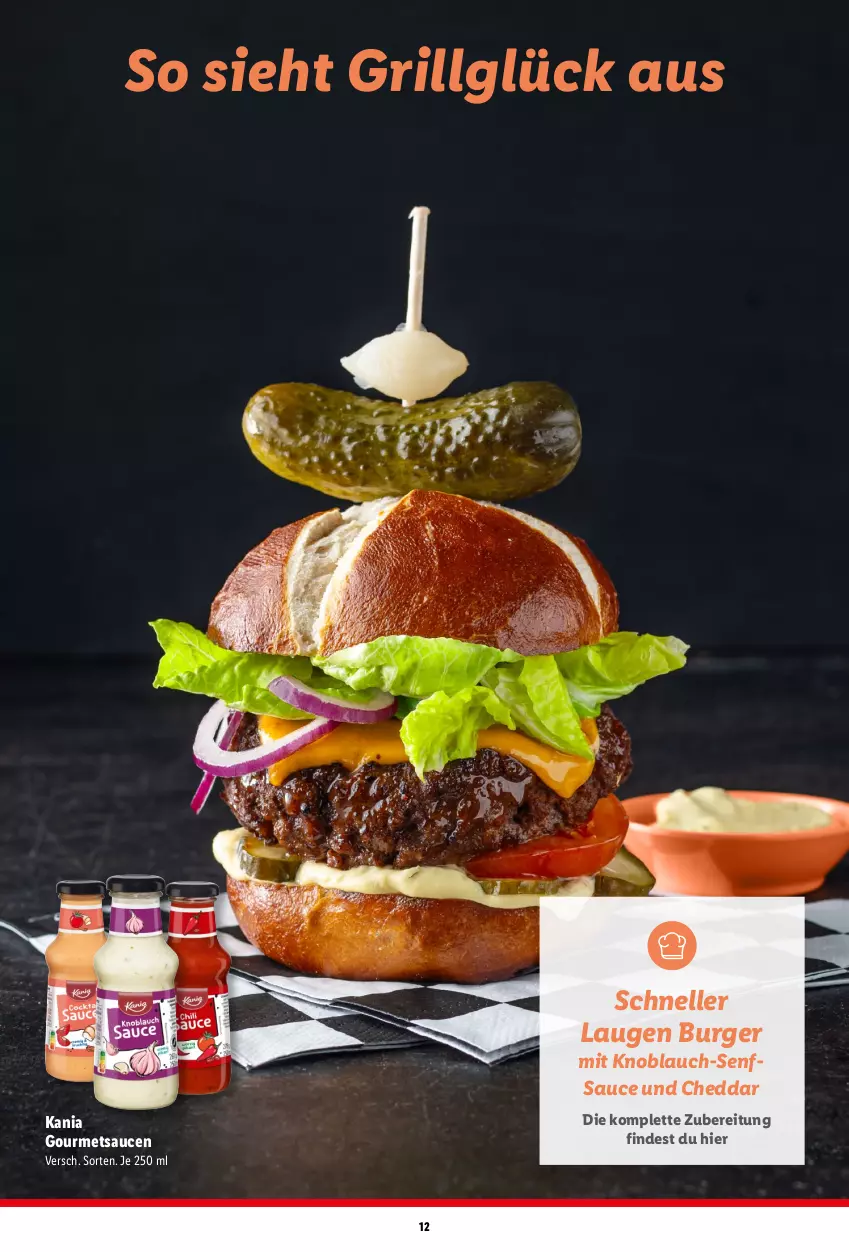 Aktueller Prospekt Lidl - Grillmagazin - von 20.04 bis 19.05.2024 - strona 12 - produkty: burger, cheddar, elle, grill, knoblauch, LG, mit knoblauch, sauce, saucen, senf