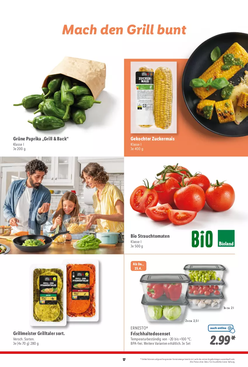 Aktueller Prospekt Lidl - Grillmagazin - von 20.04 bis 19.05.2024 - strona 17 - produkty: angebot, bio, eis, ernesto, frischhaltedosen, grill, mac, mais, Meister, paprika, Rauch, reis, Ria, strauchtomaten, Ti, tomate, tomaten, ZTE, zucker, zuckermais