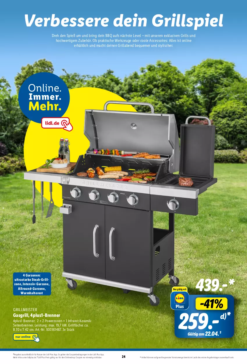 Aktueller Prospekt Lidl - Grillmagazin - von 20.04 bis 19.05.2024 - strona 24 - produkty: ACC, accessoires, angebot, coupon, eis, gasgrill, grill, grillfläche, mac, Meister, reis, ring, steak, Ti, tisch, werkzeug, werkzeuge, ZTE