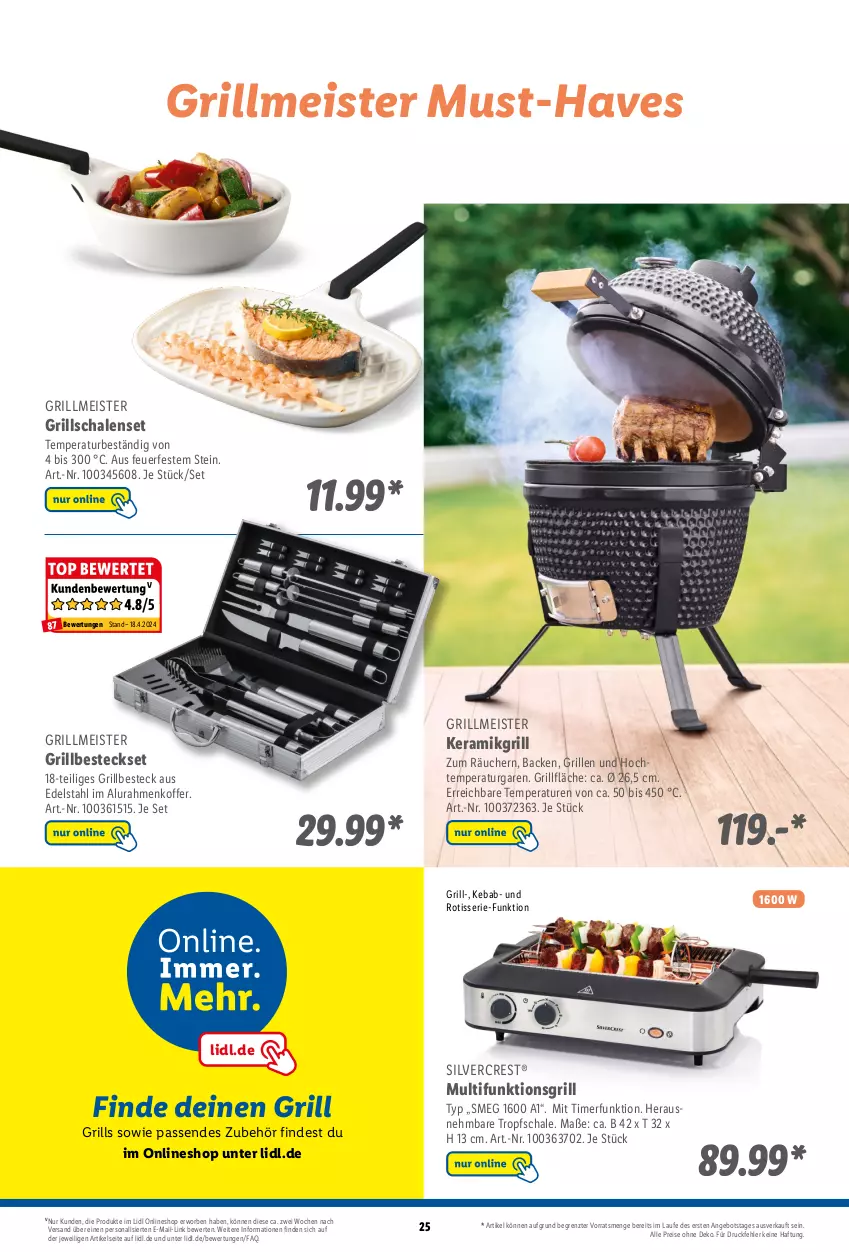 Aktueller Prospekt Lidl - Grillmagazin - von 20.04 bis 19.05.2024 - strona 25 - produkty: angebot, besteck, besteckset, edelstahl, eis, grill, grillfläche, Grillschalen, koffer, Meister, Persona, reis, Schal, Schale, silvercrest, Ti, timer, ZTE