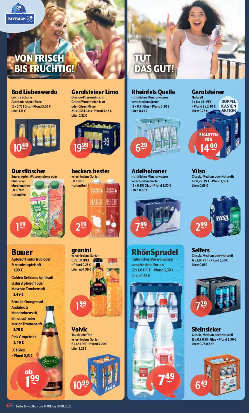 Aktueller Prospekt Getraenke Hoffmann - Prospekte - von 14.08 bis 19.08.2023 - strona 6 - produkty: ACC, adelholzener, Alwa, apfel, apfelsaft, Apple, aqua, aquavit, auer, Bad, Bad Liebenwerda, Bau, Bauer, Beckers Bester, Berger, Birnen, blueberry, burgunder, citrus, classico, cocktail, cocktails, dry gin, durstlöscher, elle, frucht, gerolsteine, gerolsteiner, gin, granini, grapefruit, grill, Holz, jack daniel, Jack Daniel’s, Julischka, likör, limo, london dry, london dry gin, mam, mandarine, mandarinen, mars, mateus, melone, merl, merlot, mineralwasser, mint, minze, natur, natürliches mineralwasser, obst, orange, orangen, orangensaft, passionsfrucht, Rana, rel, rheinfels quelle, RhönSprudel, riesling, Rostocker, saft, schorle, Selters, spätburgunder, Sprudel, steiner, Steinsieker, Tanqueray, tee, tennessee whiskey, Ti, trauben, Traubensaft, vilsa, vodka, volvic, wasser, wassermelone, Weißburgunder, whiskey