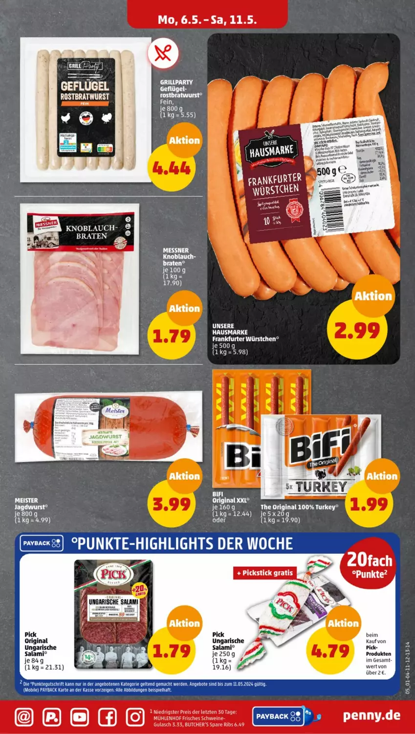 Aktueller Prospekt Penny - Prospekte - von 06.05 bis 11.05.2024 - strona 5 - produkty: bifi, braten, bratwurst, eis, frankfurter, Geflügel, gin, gulasch, jagdwurst, knoblauch, Meister, reis, rostbratwurst, salami, schwein, schweine, spare ribs, Ungarische Salami, wein, weine, wurst, würstchen, ZTE