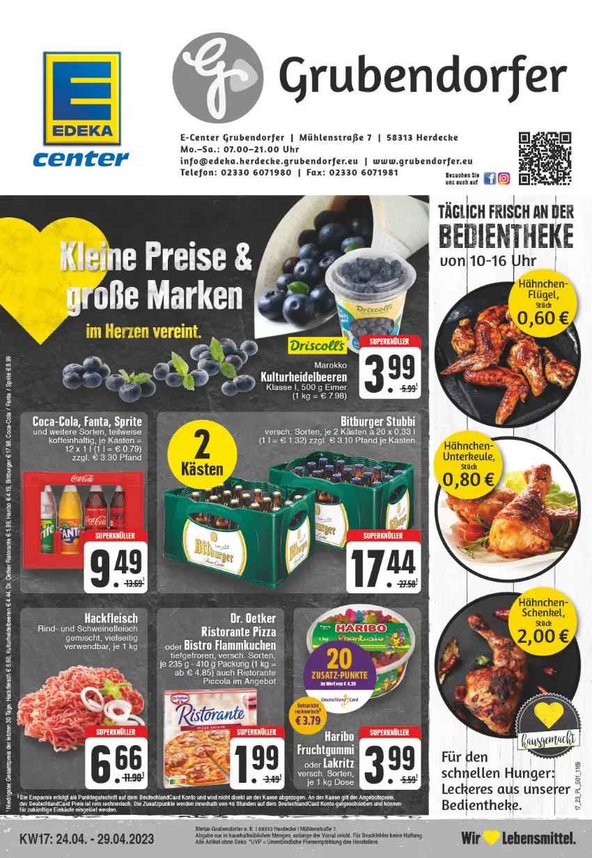 Aktueller Prospekt E Center - Angebote der Woche - von 24.04 bis 29.04.2023 - strona 1 - produkty: angebot, beere, beeren, burger, coca-cola, cola, decke, deka, deutschlandcard, Dr. Oetker, eimer, eis, elle, ente, erde, fanta, flammkuchen, fleisch, hackfleisch, haribo, heidelbeere, heidelbeeren, kuchen, lamm, lebensmittel, LG, pizza, reis, rind, ristorante, ristorante pizza, sprite, telefon, Ti, uhr, ZTE