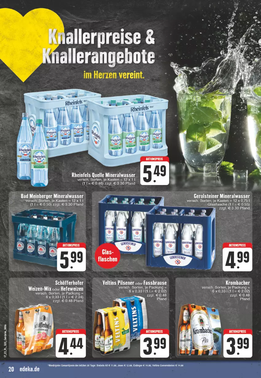 Aktueller Prospekt E Center - Angebote der Woche - von 24.04 bis 29.04.2023 - strona 20 - produkty: aktionspreis, Alwa, angebot, angebote, Bad, Berger, eis, elle, flasche, gerolsteine, gerolsteiner, getränk, getränke, glasflasche, Hefe, hefeweizen, knallerpreis, krombache, krombacher, mineralwasser, reifen, reis, rheinfels quelle, steiner, Ti, wasser