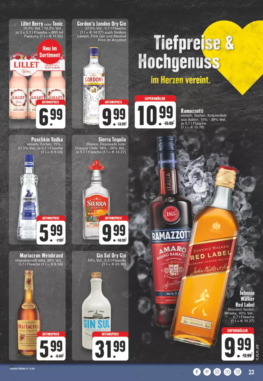 Aktueller Prospekt E Center - Angebote der Woche - von 24.04 bis 29.04.2023 - strona 23 - produkty: blended scotch, blended scotch whisky, dry gin, flasche, gin, gordon, Gordon’s, kräuter, kräuterlikör, likör, london dry, london dry gin, mariacron, rama, Ria, scotch, scotch whisky, Sierra, sierra tequila, tequila, Ti, wein, weinbrand, whisky