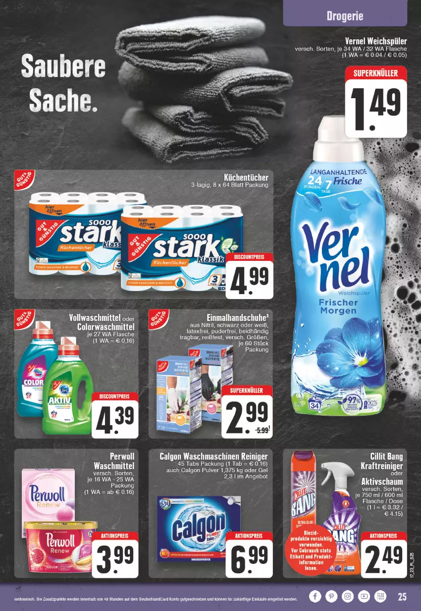 Aktueller Prospekt E Center - Angebote der Woche - von 24.04 bis 29.04.2023 - strona 25 - produkty: angebot, calgon, colorwaschmittel, deutschlandcard, eis, erde, flasche, handschuhe, küche, Küchen, küchentücher, LG, perwoll, reiniger, schuhe, Ti, tücher, vollwaschmittel, waschmaschine, waschmaschinen, waschmittel