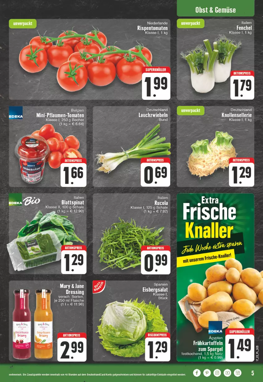 Aktueller Prospekt E Center - Angebote der Woche - von 24.04 bis 29.04.2023 - strona 5 - produkty: aktionspreis, Becher, bio, blattspinat, cola, eis, eisbergsalat, elle, erde, Frühkartoffeln, kartoffel, kartoffeln, Lauchzwiebel, lauchzwiebeln, LG, pflaume, pflaumen, Pflaumen-Tomaten, reis, rispentomaten, rucola, salat, Schal, Schale, spargel, spinat, Ti, tomate, tomaten, Yo, zwiebel, zwiebeln