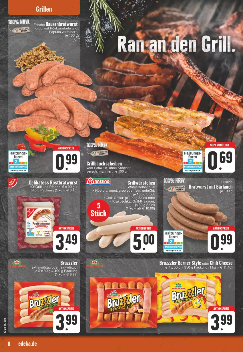 Aktueller Prospekt E Center - Angebote der Woche - von 24.04 bis 29.04.2023 - strona 8 - produkty: auer, Bau, bauchscheiben, bratwurst, bruzzzler, chili, ente, grill, grill und pfanne, Grillbauch, korb, krakauer, mit röstzwiebeln, paprika, pfanne, röstzwiebeln, schwein, und pfanne, wein, wurst, zwiebel, zwiebeln