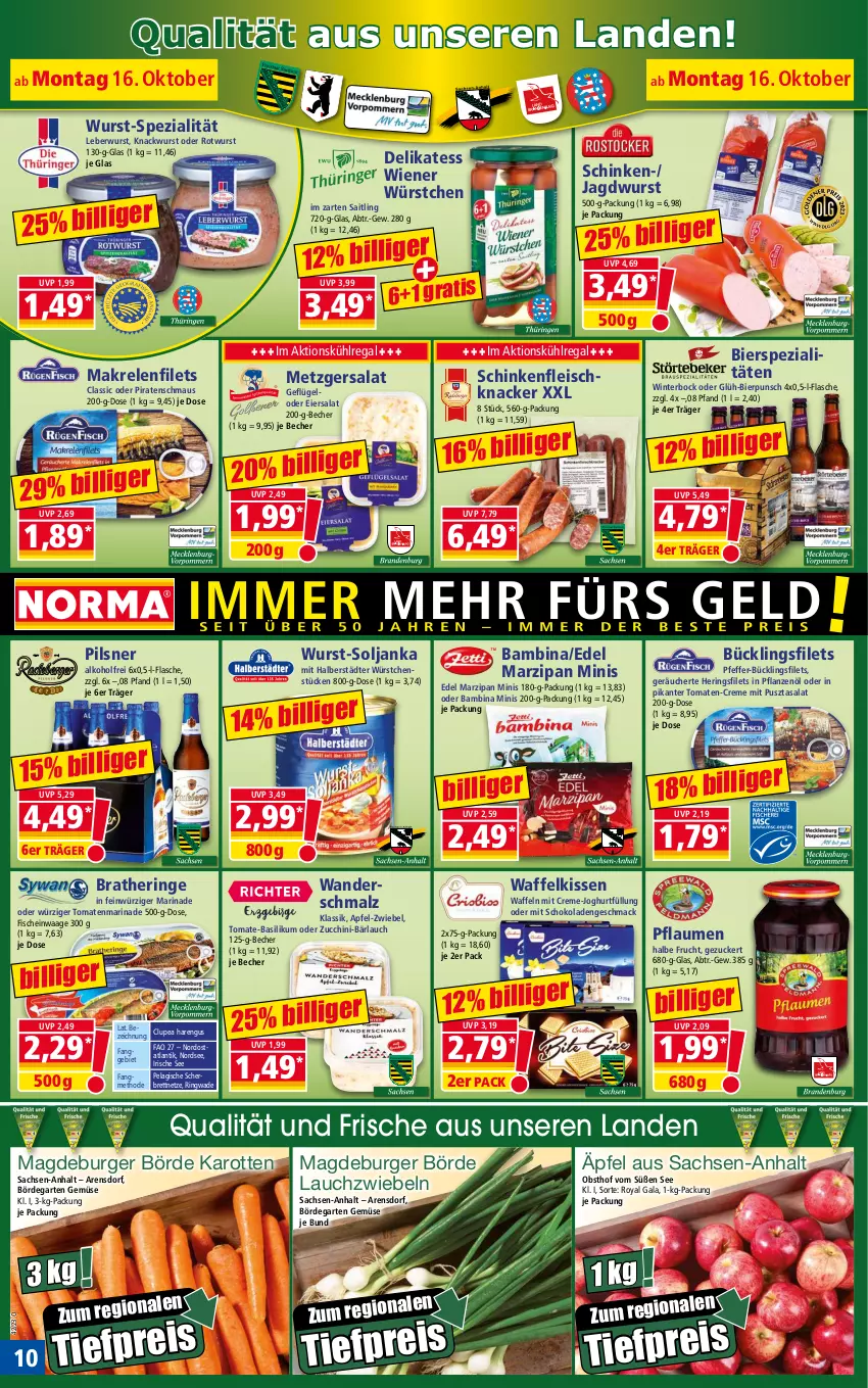 Aktueller Prospekt Norma - Norma - von 16.10 bis 23.10.2023 - strona 10 - produkty: alkohol, apfel, basilikum, Becher, bier, bierspezialitäten, Bratheringe, burger, creme, eier, eiersalat, eis, filet, filets, fisch, fische, flasche, fleisch, frucht, Garten, Geflügel, hering, Herings, heringsfilets, im zarten saitling, jagdwurst, joghur, joghurt, karotten, kissen, knacker, kühlregal, Lauchzwiebel, lauchzwiebeln, leberwurst, mac, Makrele, Makrelenfilets, malz, marinade, marzipan, Maus, Nordsee, obst, pfeffer, pflanze, pflanzen, Pflanzenöl, pflaume, pflaumen, pils, pilsner, Pusztasalat, regal, reis, rel, ring, Rotwurst, sac, salat, schinken, Schmalz, schoko, schokolade, schokoladen, Spezi, Ti, tiefpreis, tomate, tomate-basilikum, tomaten, Waage, waffeln, wiener, wiener würstchen, wurst, würstchen, zucchini, zucker, zwiebel, zwiebeln