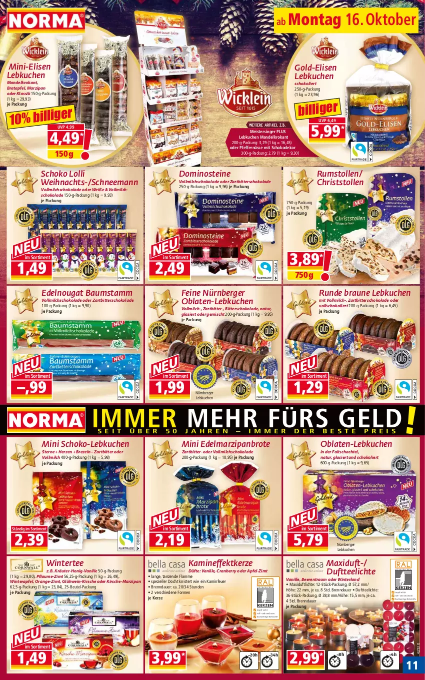 Aktueller Prospekt Norma - Norma - von 16.10 bis 23.10.2023 - strona 11 - produkty: apfel, auer, Bau, beere, beeren, Berger, beutel, braun, brezel, Brezeln, brot, cranberry, Dominosteine, Duftteelichte, Edelmarzipan, eis, elle, Glühwein, honig, Kamin, kerze, kirsch, kirsche, kräuter, kuchen, lamm, Lebkuchen, mandel, marzipan, Meister, milch, natur, nürnberger, Nürnberger Lebkuchen, Oblaten, orange, pfeffer, pflaume, rum, schoko, schokolade, Spezi, Stollen, tee, Teelicht, teelichte, Ti, vanille, vollmilch, wein, Zartbitterschokolade