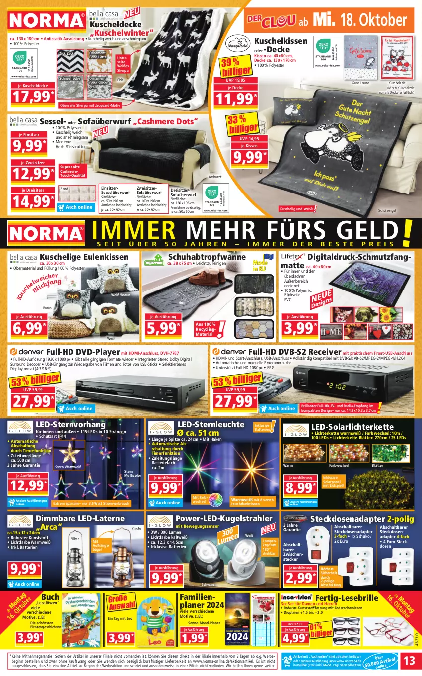 Aktueller Prospekt Norma - Norma - von 16.10 bis 23.10.2023 - strona 13 - produkty: adapter, auto, ball, batterie, batterien, Bebe, Bewegungssensor, braun, Brille, buch, bügel, cashmere, Clin, decke, dvb, dvb-s2, dvd, eis, elle, Engel, Familienplaner, Fußball, gin, HDMI, Kette, Kinder, kissen, Kugel, kuscheldecke, Lampe, laterne, latte, leds, Leuchte, lichterkette, Mode, ndk, Radio, Rauch, Receiver, recyclingmaterial, reis, Ria, SANTE, Schal, sessel, Sofa, Sofaüberwurf, steckdose, Steckdosenadapter, Ti, timer, tisch, usb, Wanne