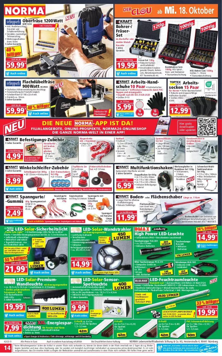 Aktueller Prospekt Norma - Norma - von 16.10 bis 23.10.2023 - strona 14 - produkty: angebot, angebote, Arbeitssocken, asti, auer, aufbewahrungsbox, aust, auto, batterie, batterien, Bau, Bebe, Bewegungssensor, Brei, bürste, deka, edelstahl, eier, eis, Elan, elle, ente, fenster, Fenster und Türen, gin, handschuhe, Hela, Holz, kamera, Kette, Klammern, kleber, koffer, kraft, lack, Lacke, ladekabel, lamm, Lampe, lebensmittel, LED-Leuchte, leds, Leuchte, LG, ndk, Oberfräse, papier, reis, Ria, ring, Schal, Schleifpapier, schuhe, shake, socken, Spiele, Tasche, taschen, taschenlampe, tee, teller, Ti, tisch, topf, usb, wasser, werkzeug, Werkzeughalter, Winkelschleifer