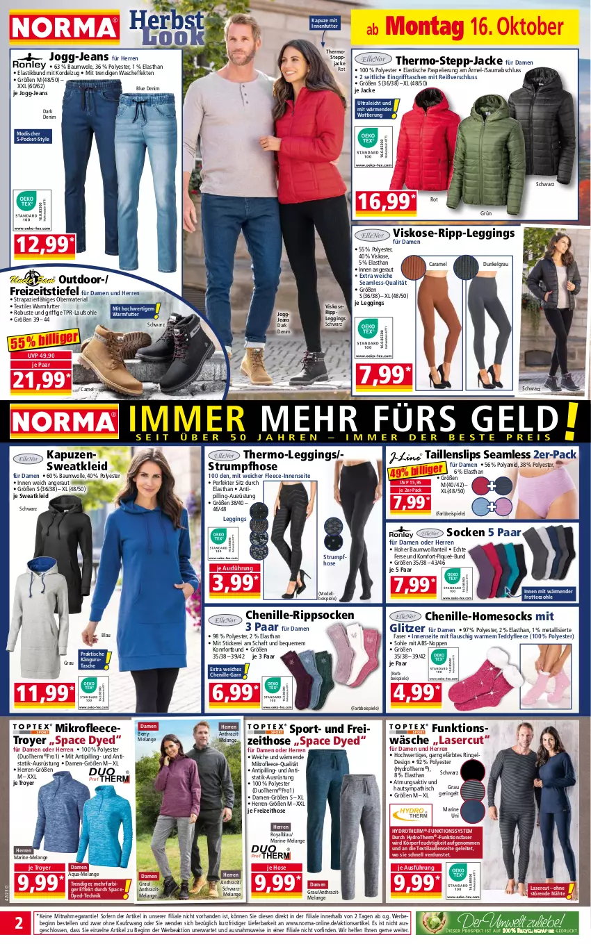 Aktueller Prospekt Norma - Norma - von 16.10 bis 23.10.2023 - strona 2 - produkty: aqua, asti, Bau, baumwolle, Bebe, caramel, dell, eis, Elan, elle, gin, hose, Jacke, jeans, kleid, leggings, LG, mab, Mode, Ria, ring, rum, slip, slips, socken, Spiele, Sport, Steppjacke, Strumpfhose, Sweatkleid, Taillenslip, Tasche, taschen, tee, Ti, Tipi, tisch, wolle