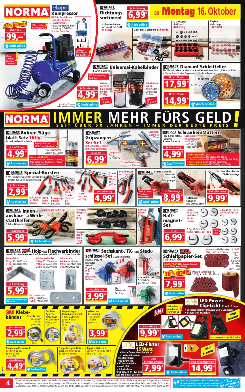 Aktueller Prospekt Norma - Norma - von 16.10 bis 23.10.2023 - strona 4 - produkty: abis, auto, Bau, Beba, Bebe, braun, bügel, bürste, bürsten, deka, Draht, eis, elle, ente, gin, Holz, kompressor, kraft, Kugel, ladekabel, latte, LED-Fluter, LG, Magnets, ndk, papier, Reinigung, reis, riegel, ring, rwe, säge, schlauch, Schleifpapier, schrauben, Schraubendreher, Spezi, stichsäge, stuhl, teller, teppich, Ti, tisch, usb, werkzeug, Winkelschleifer, Zangen