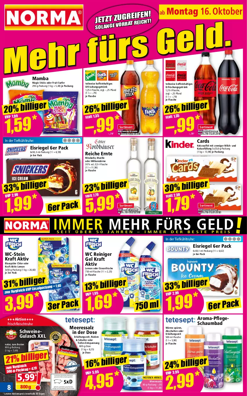 Aktueller Prospekt Norma - Norma - von 16.10 bis 23.10.2023 - strona 8 - produkty: aktionspreis, Bad, braten, eis, Eisriegel, elle, erfrischungsgetränk, Erkältungs, flasche, fleisch, getränk, gulasch, kakao, keks, kraft, mam, milch, natur, reiniger, reiniger gel, reis, riegel, salz, Schal, schaumbad, schwein, schweine, schweinegulasch, Surf, Ti, wein, weine, ZTE