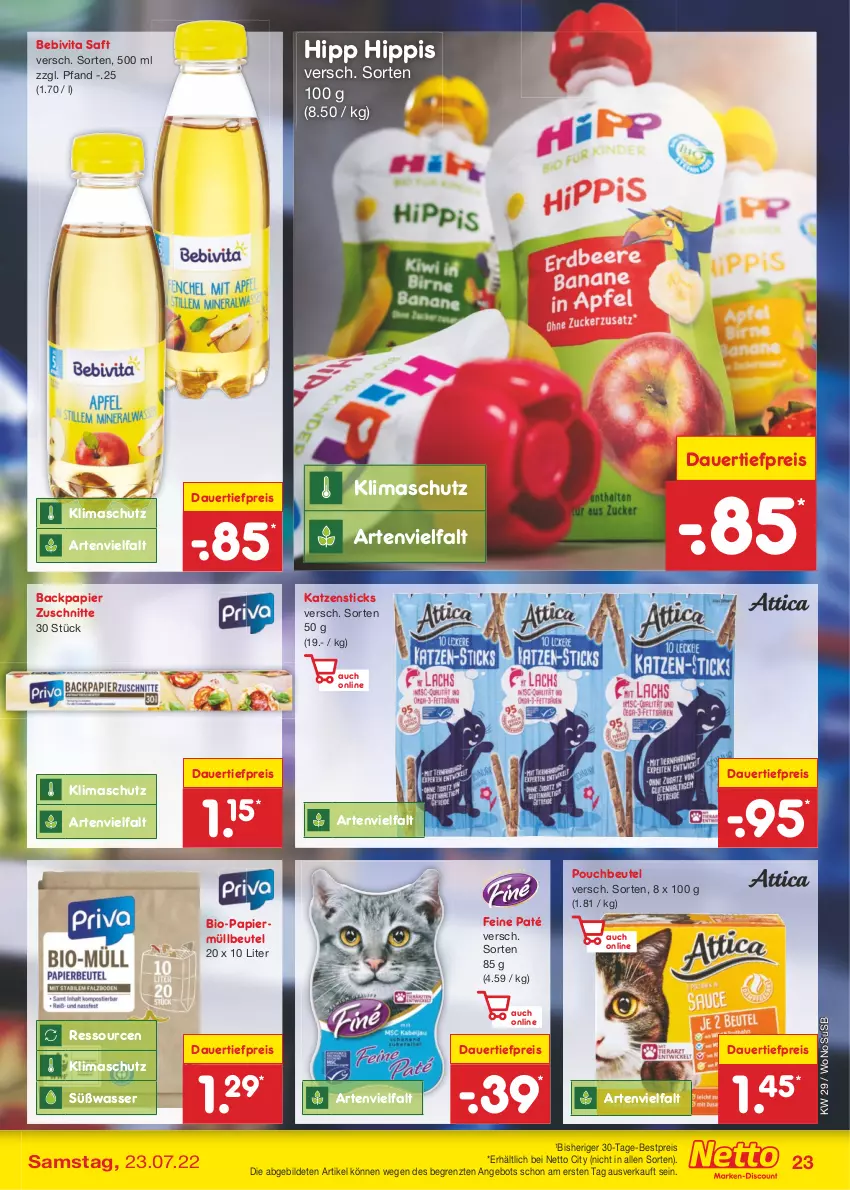 Aktueller Prospekt Netto Marken-Discount - Filial-Angebote - von 18.07 bis 23.07.2022 - strona 23 - produkty: angebot, auer, bebivita, bestpreis, beutel, bio, dauertiefpreis, eis, hipp, müllbeutel, papier, Pouchbeutel, reis, saft, Ti, tiefpreis, usb, vita, wasser, ZTE