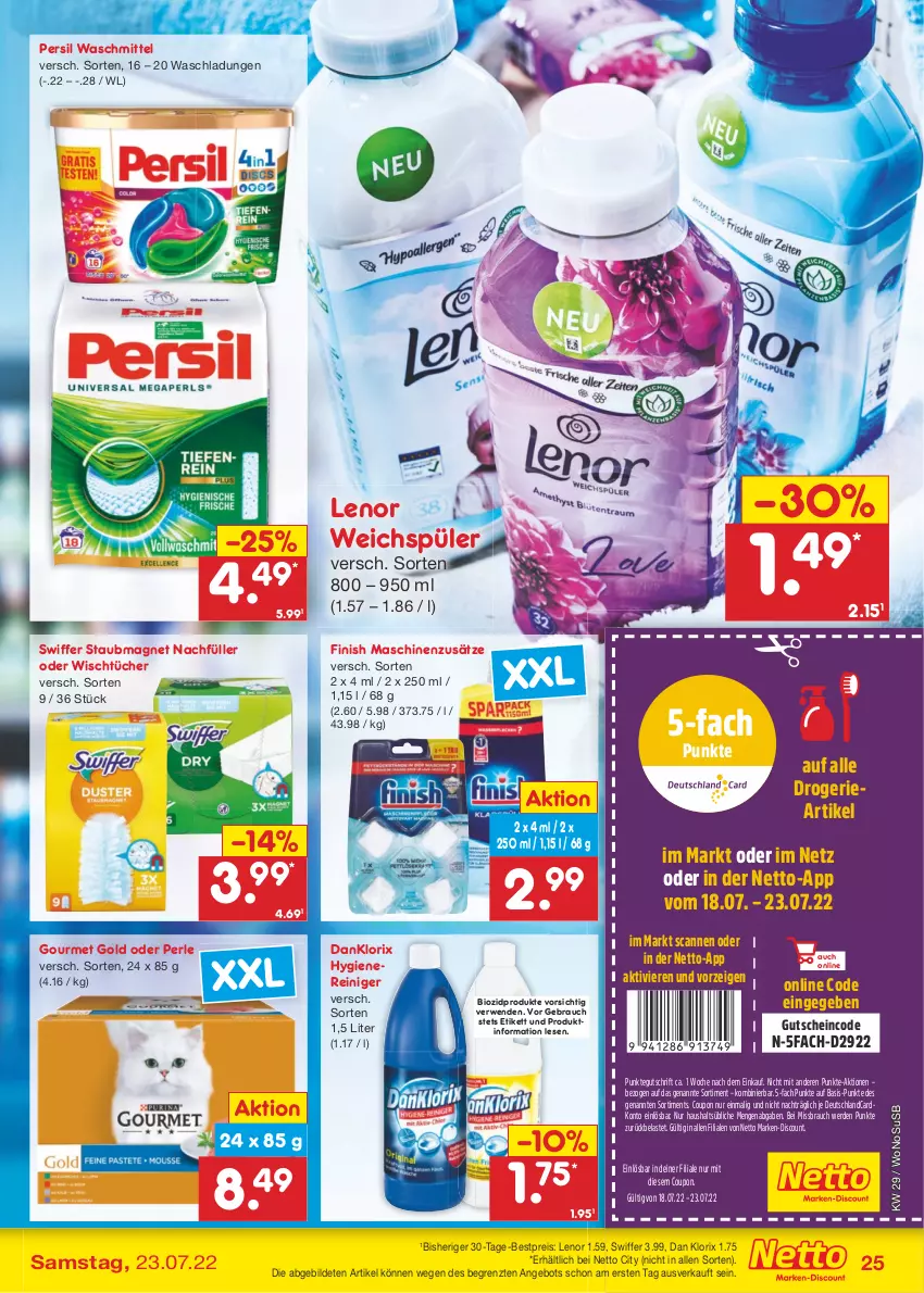 Aktueller Prospekt Netto Marken-Discount - Filial-Angebote - von 18.07 bis 23.07.2022 - strona 25 - produkty: angebot, bestpreis, bio, biozidprodukte, coupon, danklorix, deutschlandcard, discount, eis, erde, Finish, gourmet gold, gutschein, lenor, lenor weichspüler, marken-discount, persil, persil waschmittel, Rauch, reiniger, reis, rwe, staubmagnet, swiffer, Ti, tücher, usb, waschmittel, weichspüler, ZTE