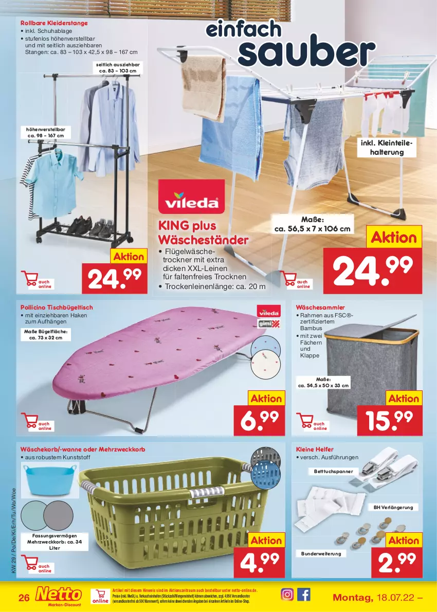 Aktueller Prospekt Netto Marken-Discount - Filial-Angebote - von 18.07 bis 23.07.2022 - strona 26 - produkty: bambus, bett, Betttuch, bügel, bügeltisch, cin, eis, kleid, kleider, korb, leine, ndk, reis, rwe, Ti, tisch, Trockner, tuc, versandkostenfrei, Wanne, wäschekorb, wäschetrockner, weck