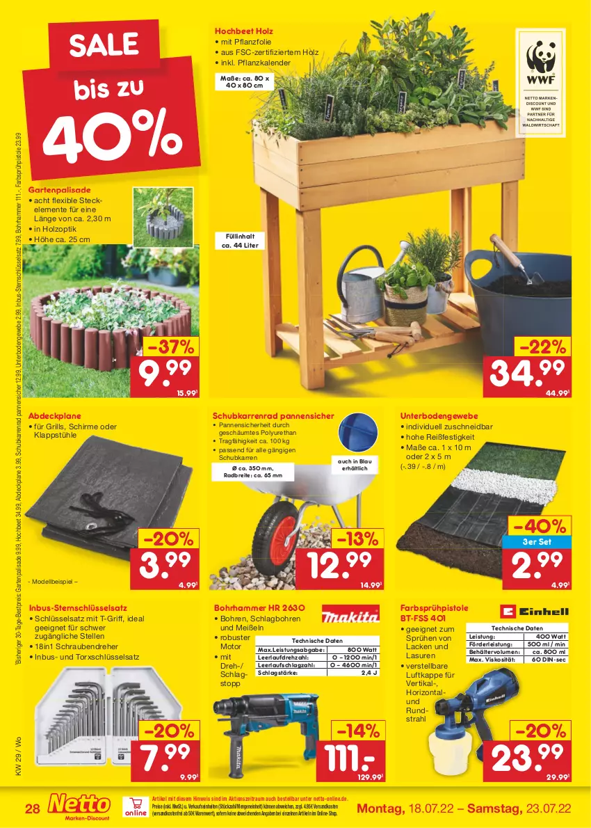 Aktueller Prospekt Netto Marken-Discount - Filial-Angebote - von 18.07 bis 23.07.2022 - strona 28 - produkty: abdeckplane, Behälter, bestpreis, Bohrhammer, Brei, dell, discount, eis, elle, ente, Garten, grill, Holz, HP, Klappstühl, lack, Lacke, Mode, ndk, passend für alle, reis, schirme, schrauben, Schraubendreher, Sprühpistole, Stühl, Ti, versandkostenfrei