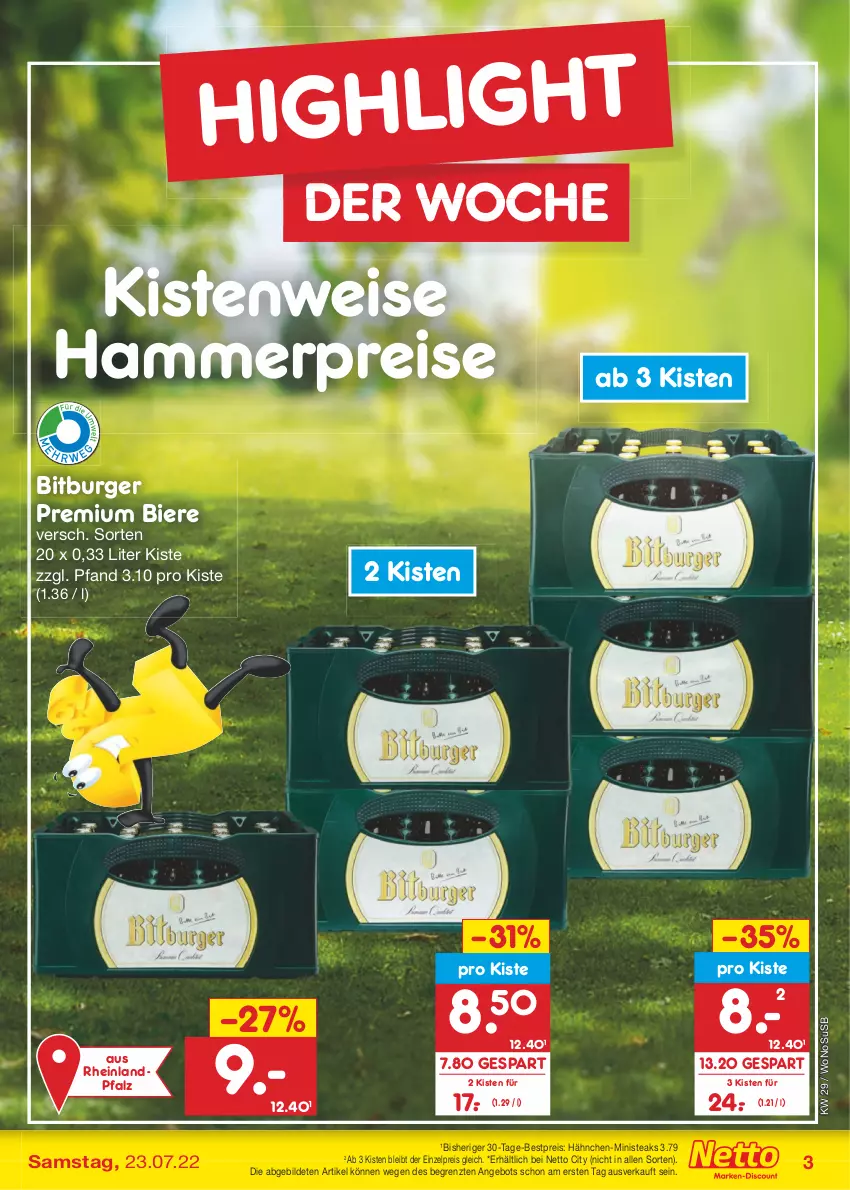 Aktueller Prospekt Netto Marken-Discount - Filial-Angebote - von 18.07 bis 23.07.2022 - strona 3 - produkty: angebot, bestpreis, bier, Biere, bitburger, burger, eis, reis, steak, steaks, Ti, usb, ZTE