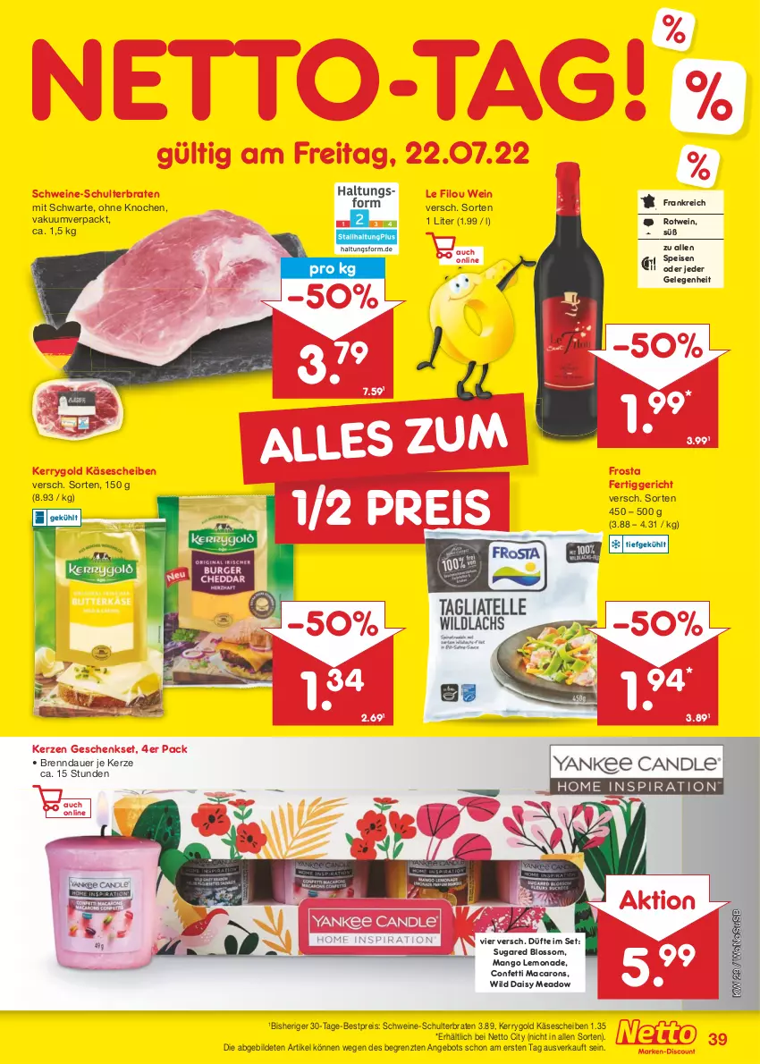 Aktueller Prospekt Netto Marken-Discount - Filial-Angebote - von 18.07 bis 23.07.2022 - strona 39 - produkty: angebot, auer, bestpreis, braten, eis, fertiggericht, frosta, geschenkset, Käse, käsescheiben, kerrygold, kerze, lemonade, mac, Macarons, mango, reis, rotwein, schwein, schweine, Ti, usb, wein, weine, Wild, ZTE