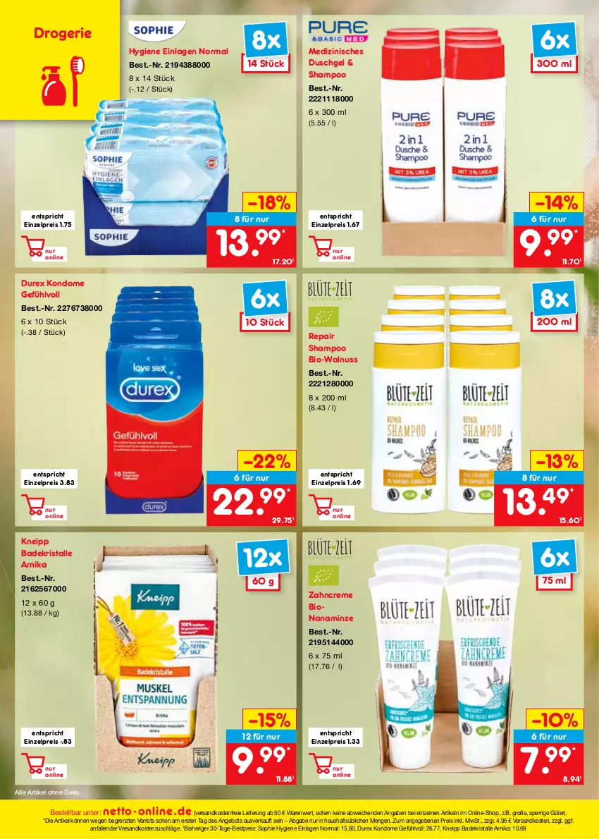 Aktueller Prospekt Netto Marken-Discount - Filial-Angebote - von 18.07 bis 23.07.2022 - strona 42 - produkty: angebot, Bad, Badekristalle, bestpreis, bio, creme, Durex, duschgel, eis, kneipp, Kondome, minze, ndk, nuss, reis, shampoo, Ti, versandkostenfrei, walnuss, zahncreme, ZTE