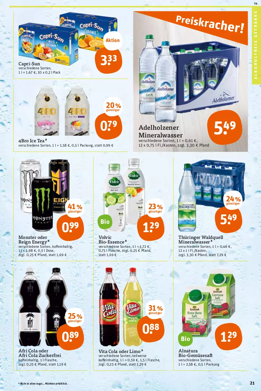 Aktueller Prospekt Tegut - Angebote der Woche - von 15.05 bis 20.05.2023 - strona 23 - produkty: adelholzener, Afri Cola, alkohol, alkoholfreie getränke, Alwa, bio, Bio-Gemüse, Cap, capri-sun, cola, eis, flasche, getränk, getränke, Holz, ice tea, limo, mineralwasser, monster, natur, natura, ring, saft, Ti, vita, Vita C, volvic, wasser, zucker