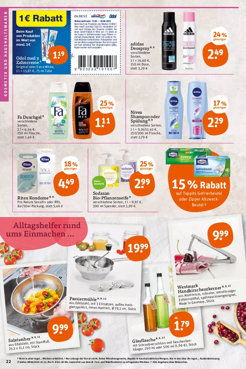 Aktueller Prospekt Tegut - Angebote der Woche - von 15.05 bis 20.05.2023 - strona 24 - produkty: Adidas, Allzweckbeutel, angebot, angebote, beutel, bio, coupon, coupons, creme, dekoration, deo, deospray, duschgel, edelstahl, eis, erde, fa duschgel, flasche, gefrierbeutel, Germ, gin, glasflasche, hochglanz, kirsch, Kondome, kosmetik, mac, natur, naturkosmetik, ndk, nivea, Odol, odol med, Passiermühle, pflanze, pflanzen, reis, Ritex, salat, Seife, shampoo, shampoo oder spülung, Soda, sofort-rabatt, spülung, telefon, Ti, toppits, uhr, weck, zahncreme, zipper