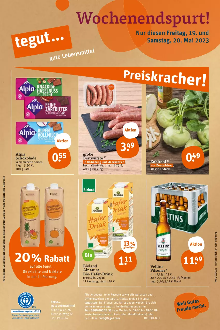 Aktueller Prospekt Tegut - Angebote der Woche - von 15.05 bis 20.05.2023 - strona 26 - produkty: alkohol, alpia, angebot, angebote, auer, bio, bioland, dekoration, drink, drucker, Engel, Fulda, getränk, getränke, hafer, kerze, kohlrabi, lebensmittel, natur, natura, Nektar, pils, pilsener, rezept, rezepte, säfte, schoko, schokolade, Ti, uhr, veltins, veltins pilsener