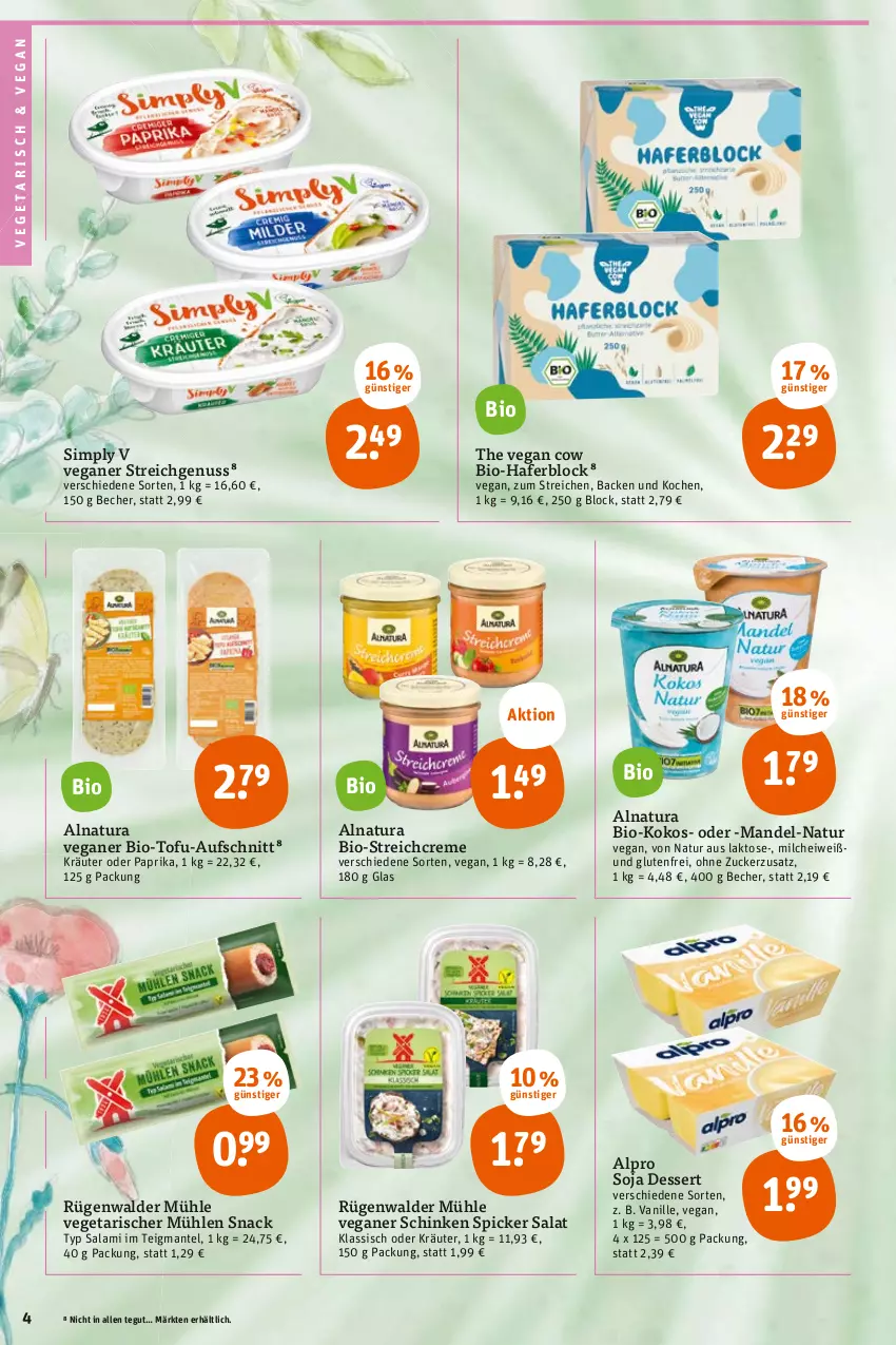 Aktueller Prospekt Tegut - Angebote der Woche - von 15.05 bis 20.05.2023 - strona 6 - produkty: alpro, aufschnitt, Becher, bio, creme, dessert, hafer, kokos, kräuter, mandel, Mantel, milch, natur, natura, nuss, oder kräuter, paprika, rügenwalder, rügenwalder mühle, salami, salat, schinken, schinken spicker, sim, snack, soja, Ti, Tofu, vanille, Vegeta, zucker