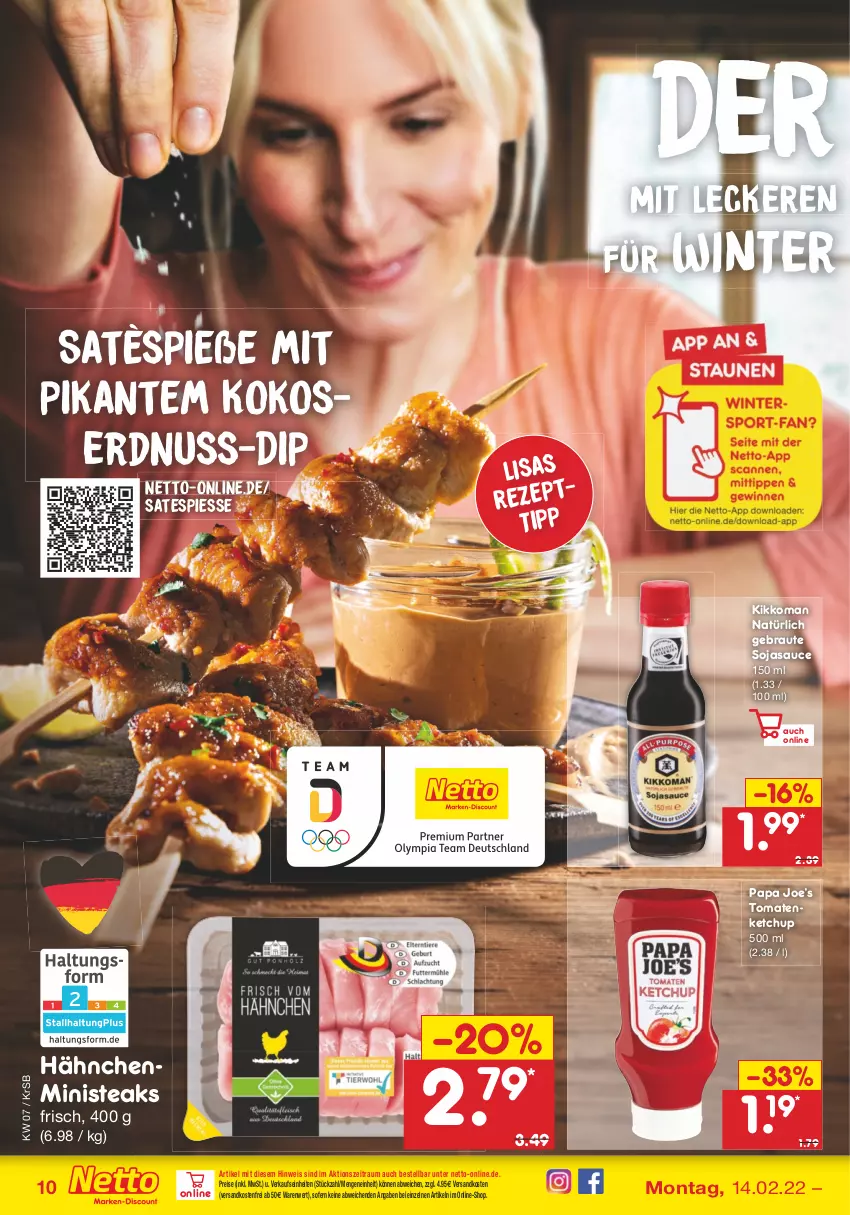 Aktueller Prospekt Netto Marken-Discount - Filial-Angebote - von 14.02 bis 19.02.2022 - strona 10 - produkty: dip, eis, erdnuss, ketchup, kikkoman, kokos, ndk, nuss, reis, rezept, sauce, soja, sojasauce, steak, steaks, Ti, tomate, tomaten, tomatenketchup, versandkostenfrei