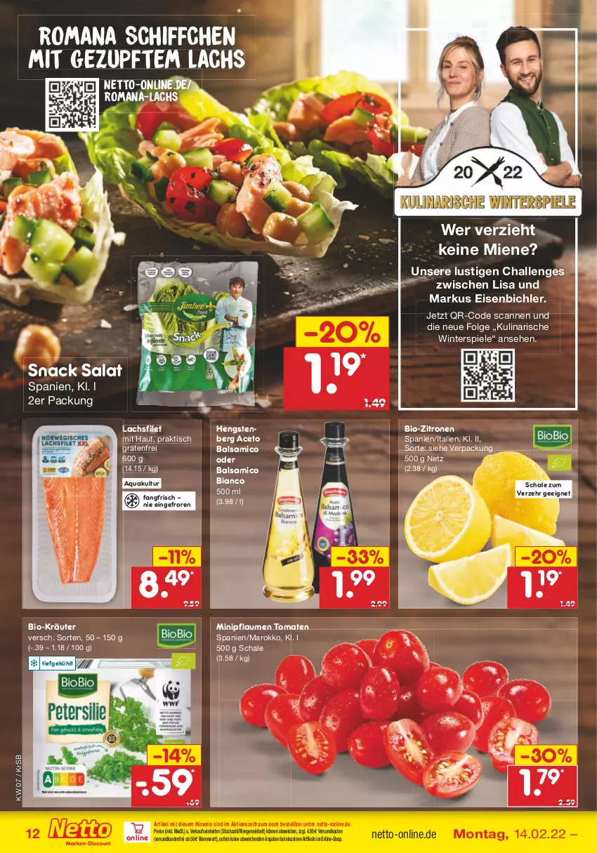 Aktueller Prospekt Netto Marken-Discount - Filial-Angebote - von 14.02 bis 19.02.2022 - strona 12 - produkty: aceto, aceto balsamico, aqua, balsam, balsamico, balsamico bianco, bio, bio-zitronen, eis, filet, hengstenberg, kräuter, lachs, lachsfilet, LG, Lusti, ndk, pflaume, pflaumen, reis, rezept, salat, Schal, Schale, Schiffchen, snack, Spiele, Ti, tisch, tomate, tomaten, versandkostenfrei, zitrone, zitronen