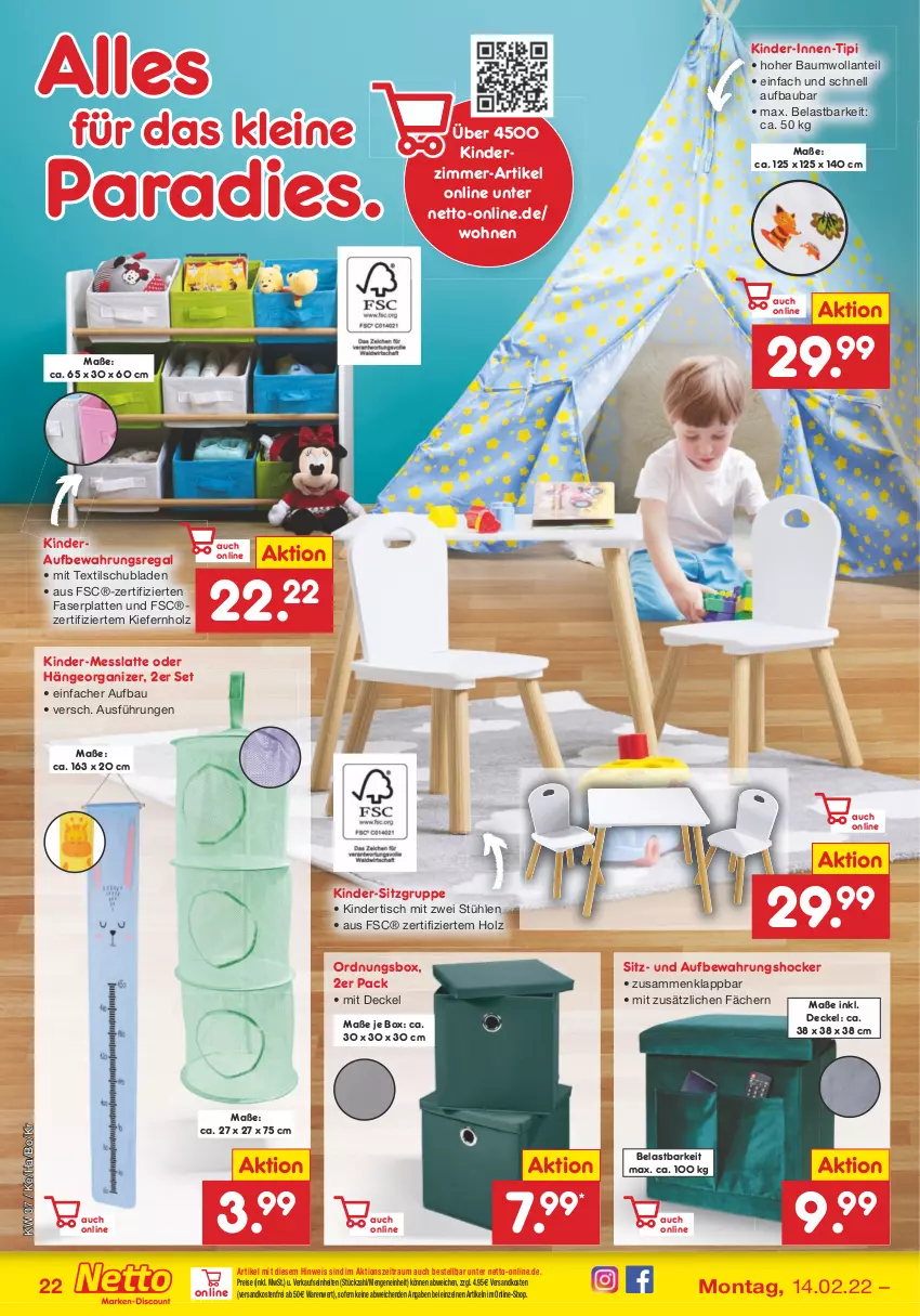 Aktueller Prospekt Netto Marken-Discount - Filial-Angebote - von 14.02 bis 19.02.2022 - strona 22 - produkty: Bau, decke, Deckel, eis, hocker, Holz, Kinder, Kinderzimmer, latte, leine, Messlatte, ndk, regal, reis, schubladen, Stühl, Ti, Tipi, tisch, versandkostenfrei